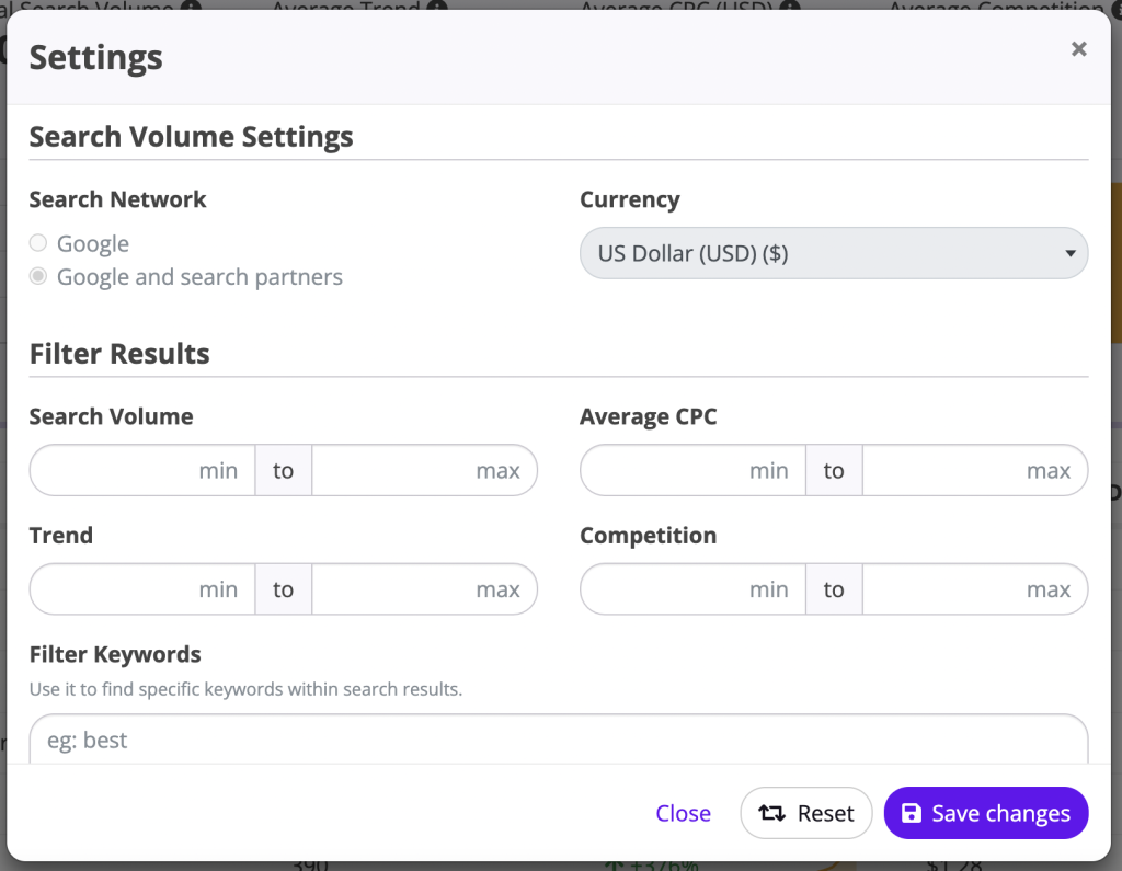 keyword tool advanced settings