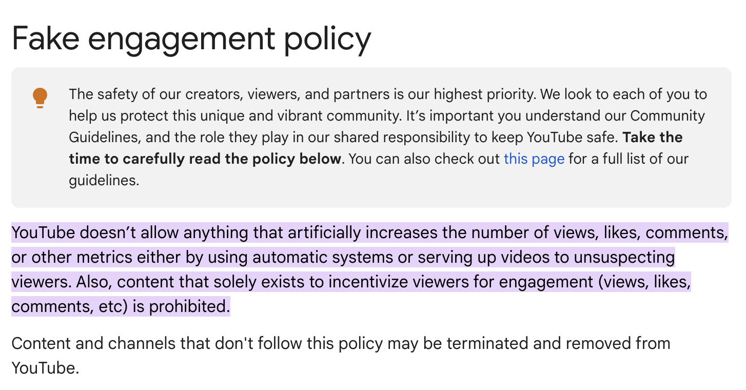 youtube fake engagement policy