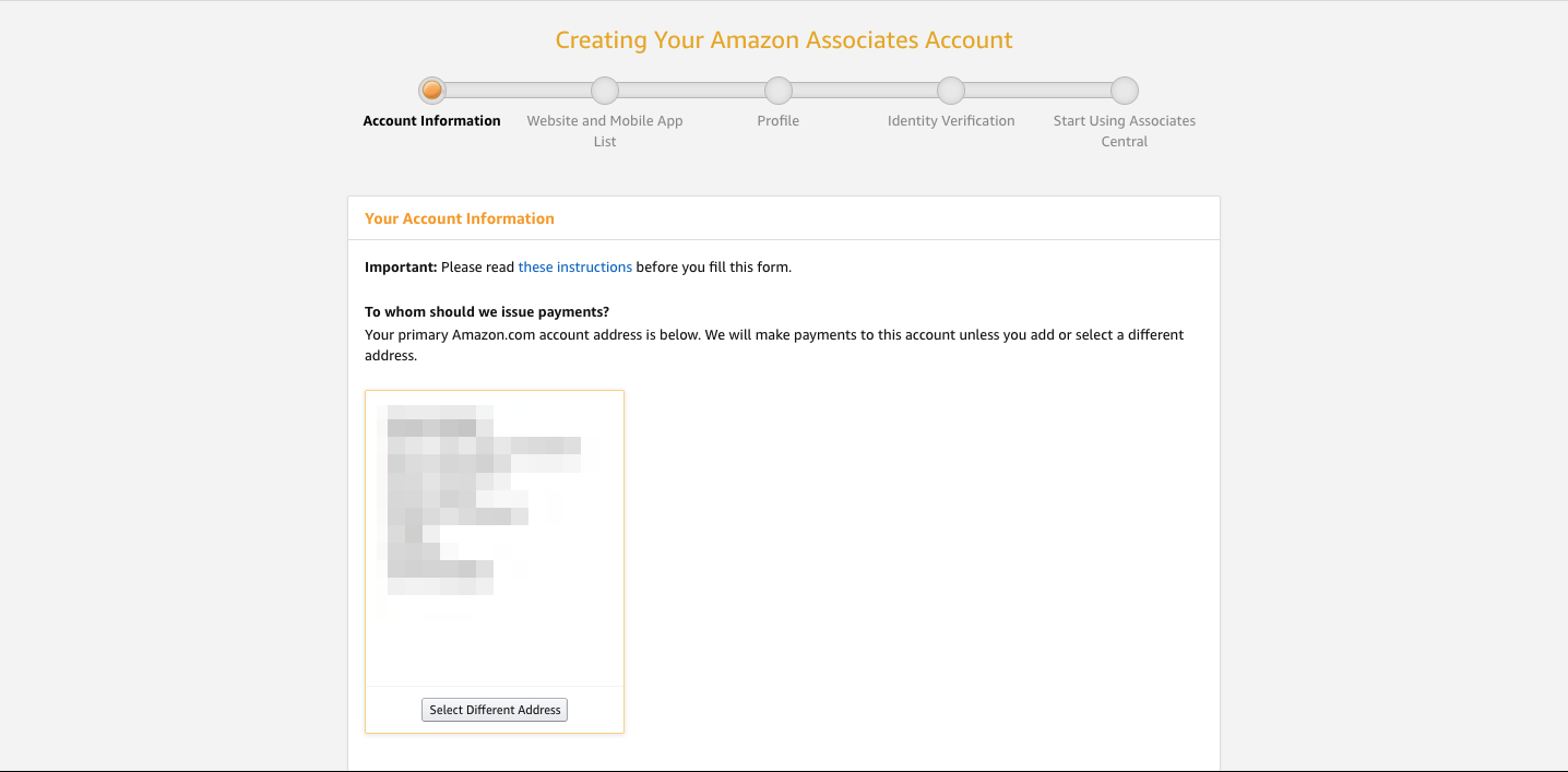 Account information page for Amazon Associates account